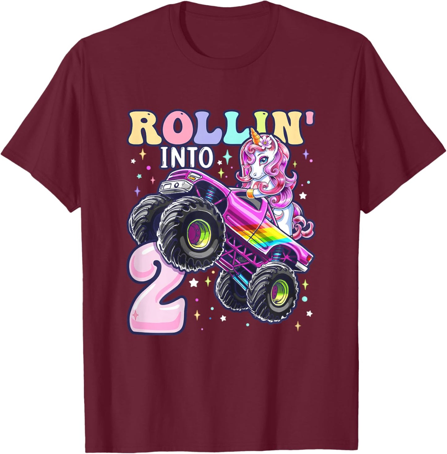 Unicorn Monster Truck 2nd Birthday 2 Year Old Girls Party T-Shirt - T-Shirt | Maroon