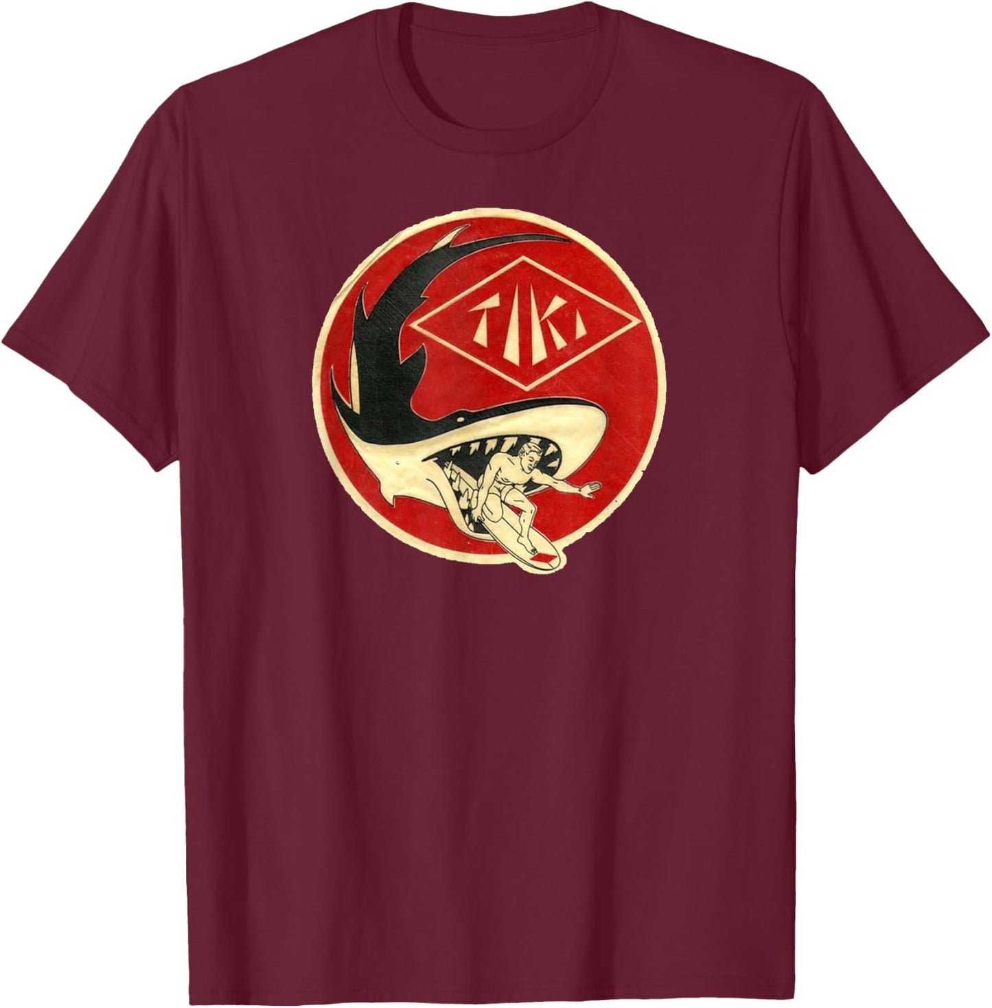 TIKI Surf T Shirt! Watch out for those sharks, dude. T-Shirt - T-Shirt | Maroon