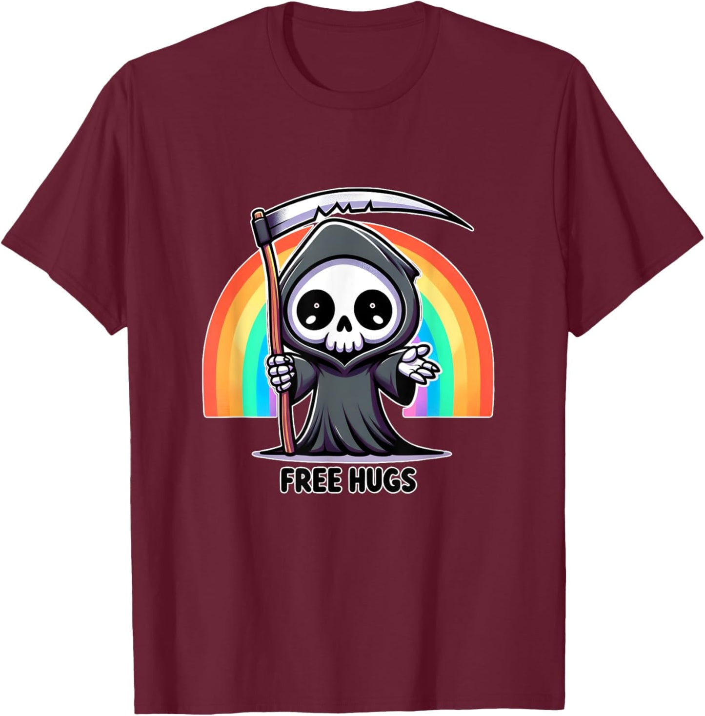 Skeleton Grim Reaper Halloween funny rainbow free hugs T-Shirt - T-Shirt | Maroon