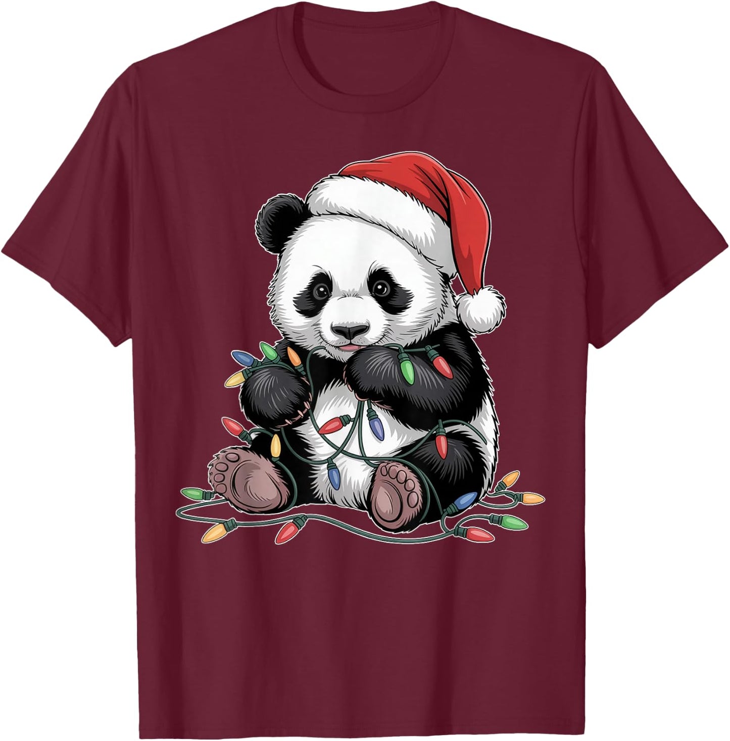 Funny Panda Lights Xmas Graphic Design T-Shirt - T-Shirt | Maroon