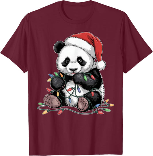 Funny Panda Lights Xmas Graphic Design T-Shirt - T-Shirt | Maroon
