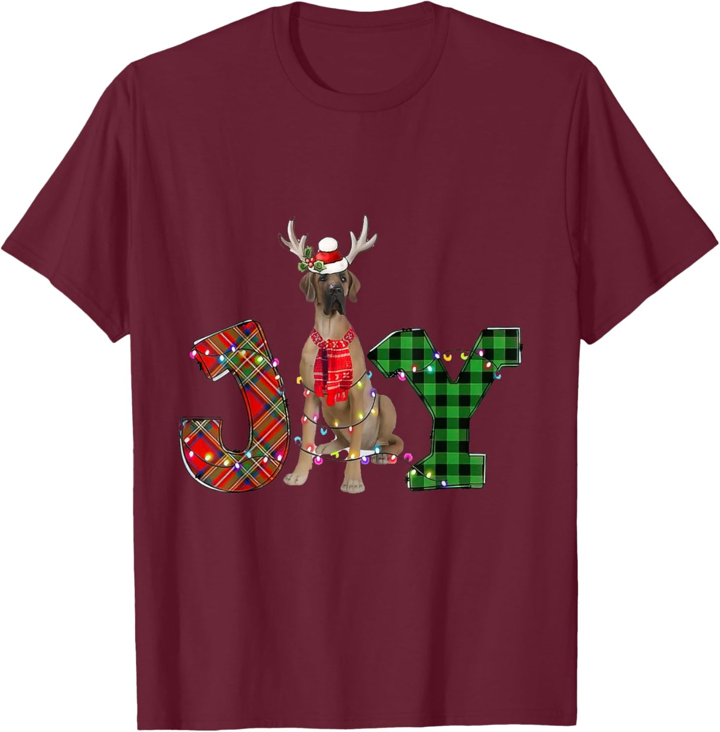 Joy Christmas Lights Fawn Great Dane Dog Santa Hat Pajama T-Shirt - T-Shirt | Maroon