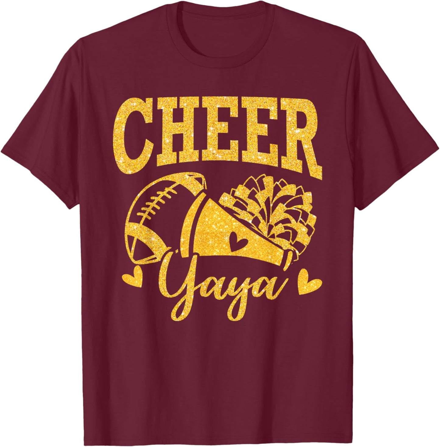 Cheer Yaya Biggest Fan Black Gold Pom Pom Mothers Day T-Shirt - T-Shirt | Maroon