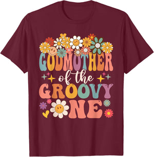 Retro Godmother of Groovy One Matching Family 1st Birthday T-Shirt - T-Shirt | Maroon