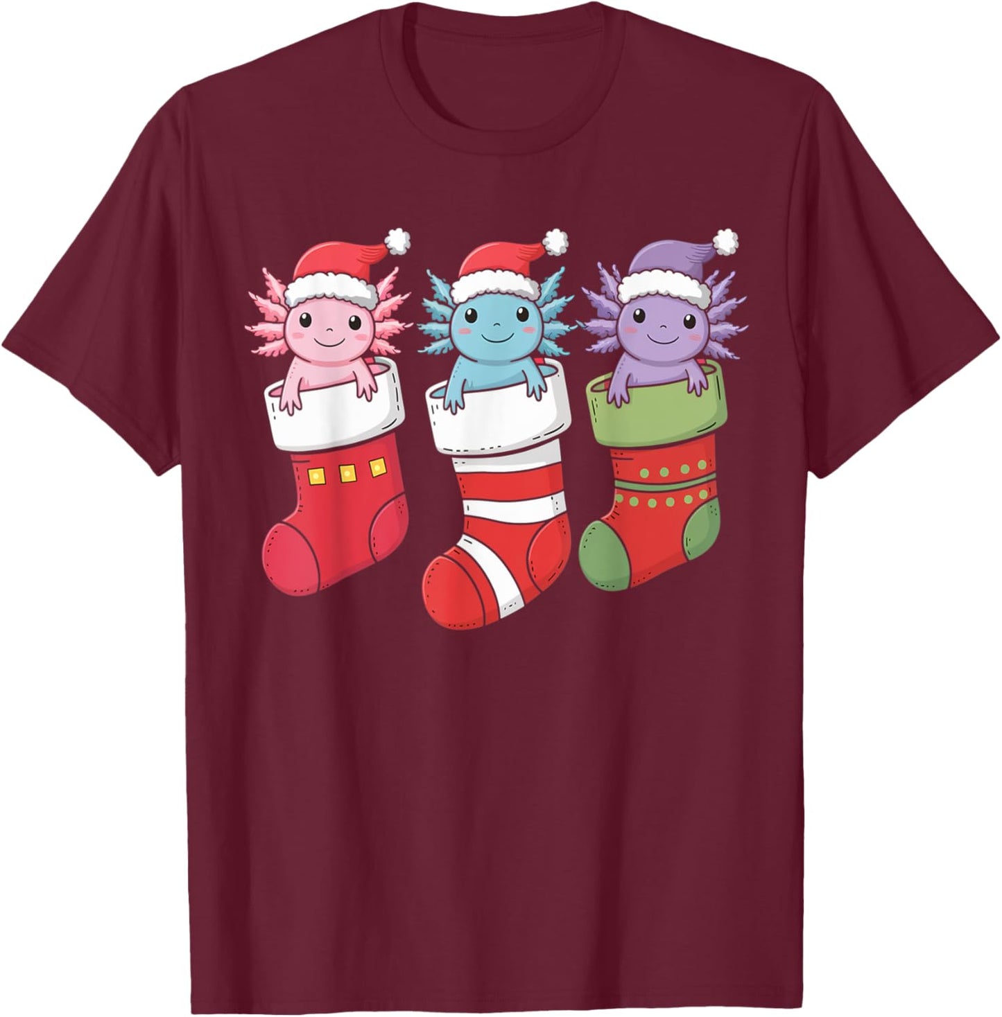 Axolotl Stocking Santa Hat Christmas Kawaii Holiday Xmas T-Shirt - T-Shirt | Maroon