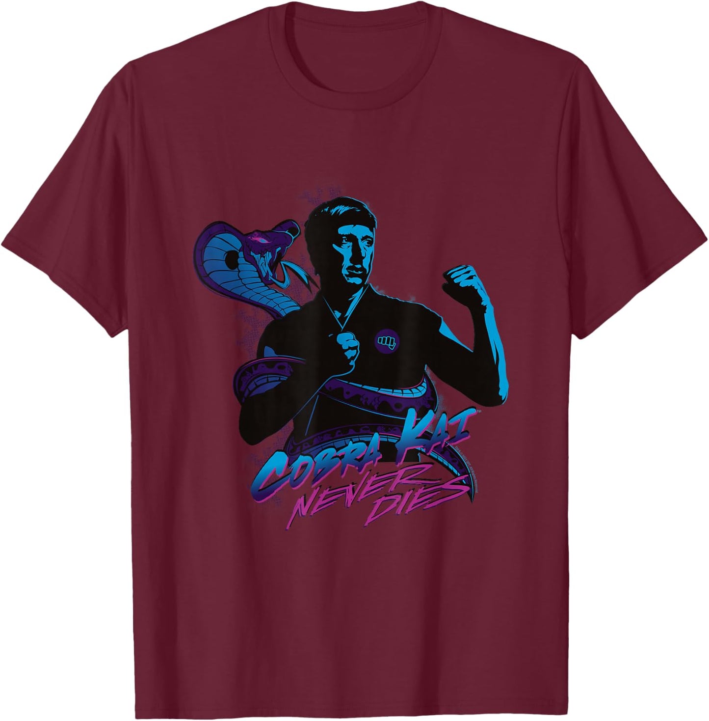 Cobra Kai Never Dies Johnny Blue Silhouette TV Show T-Shirt - T-Shirt | Maroon