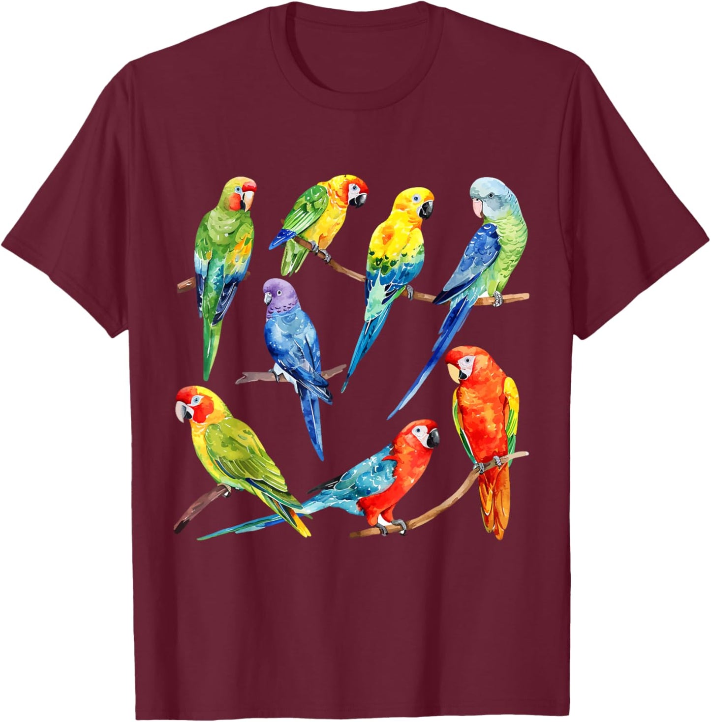 Colorful Parrot Watercolor T-Shirt - T-Shirt | Maroon