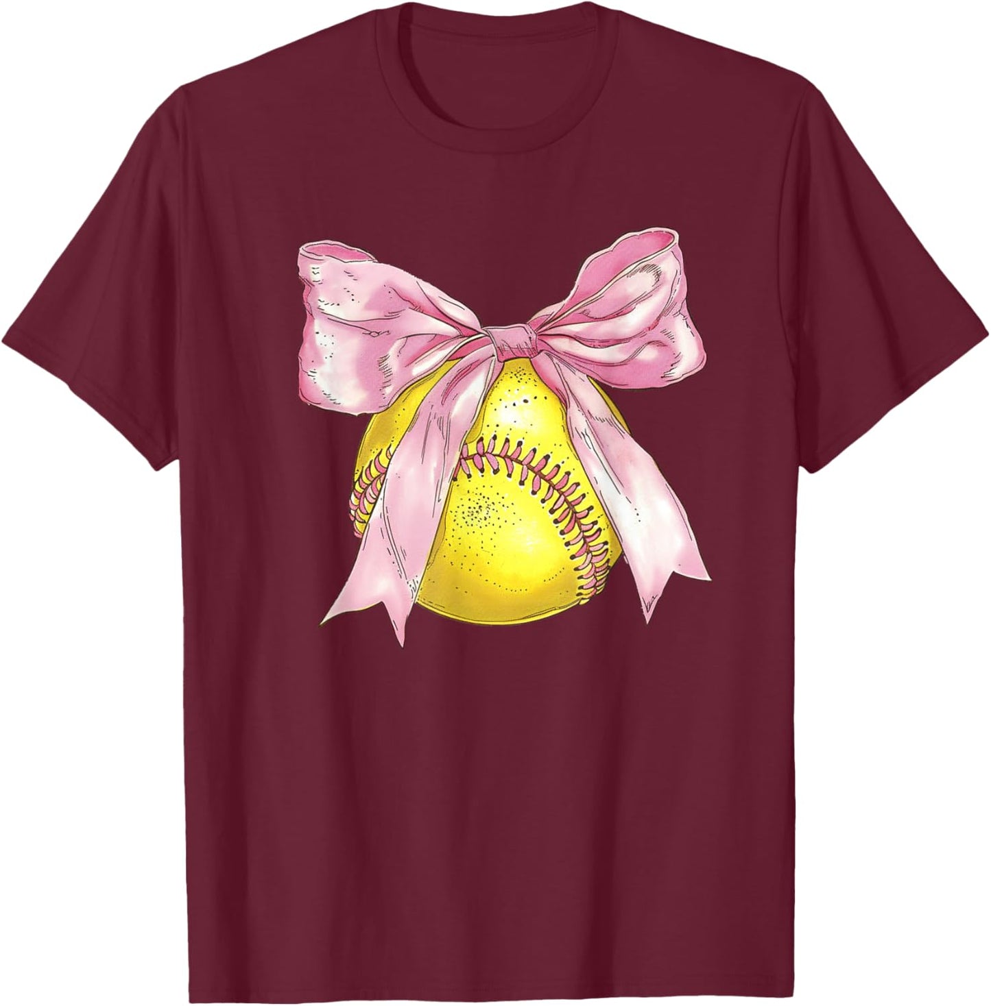 Girls Softball Coquette Bow Ribbon Mom Daughter Softball T-Shirt - T-Shirt | Maroon