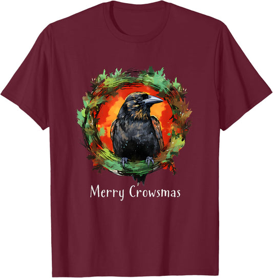 Humorous Holiday Designs For Christmas Lovers Funny Christmas Wreath Crow Corvid 'Merry Crowsmas' Holiday T-Shirt - T-Shirt | Maroon