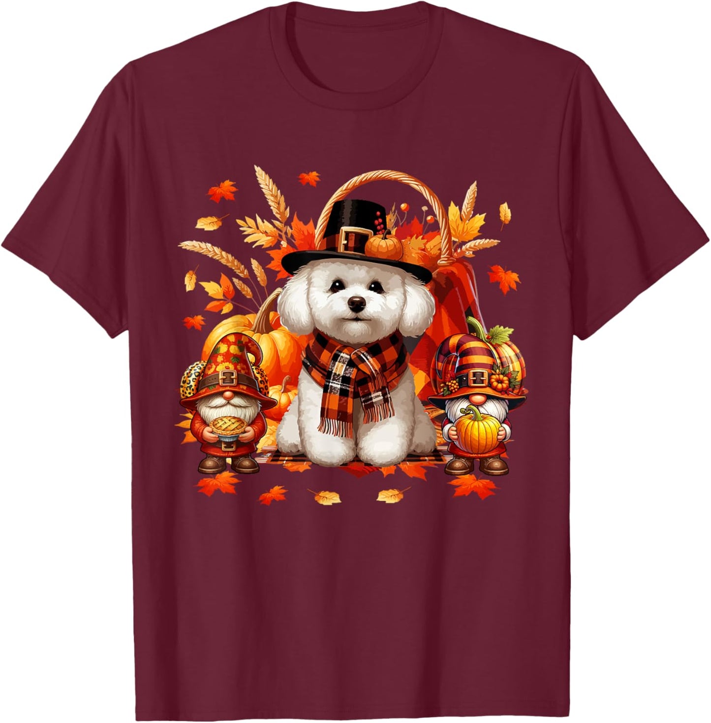 Thanksgiving Bichon Frise With Gnomes Fall Leaves Pumpkins T-Shirt - T-Shirt | Maroon