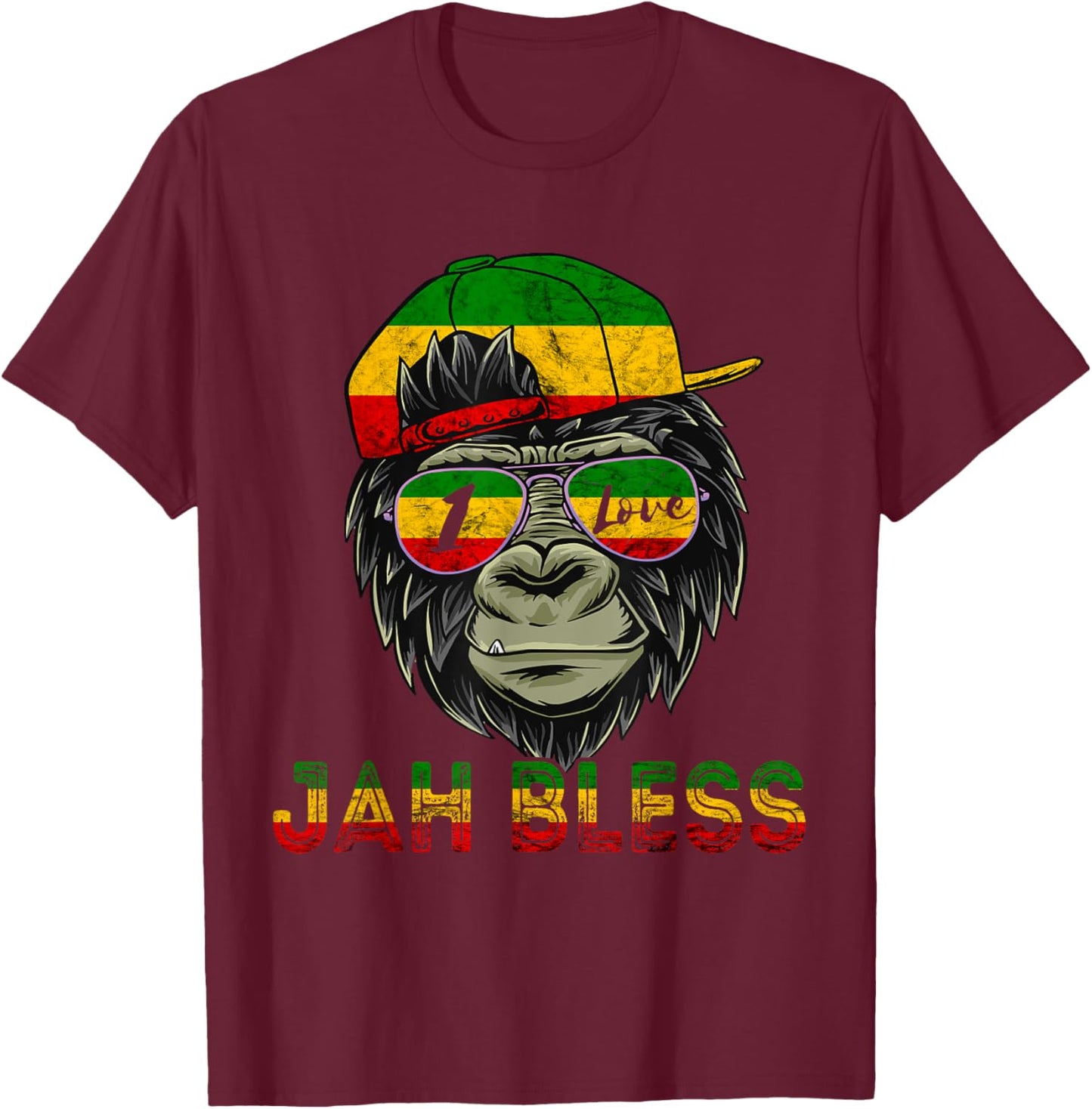 Rasta Reggae Monkey Jah Bless Reggae Music Lover Jamaica T-Shirt - T-Shirt | Maroon