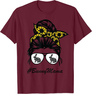 Bunny Mama messy bun sunflower, rabbit mom messy bun hair T-Shirt - T-Shirt | Maroon