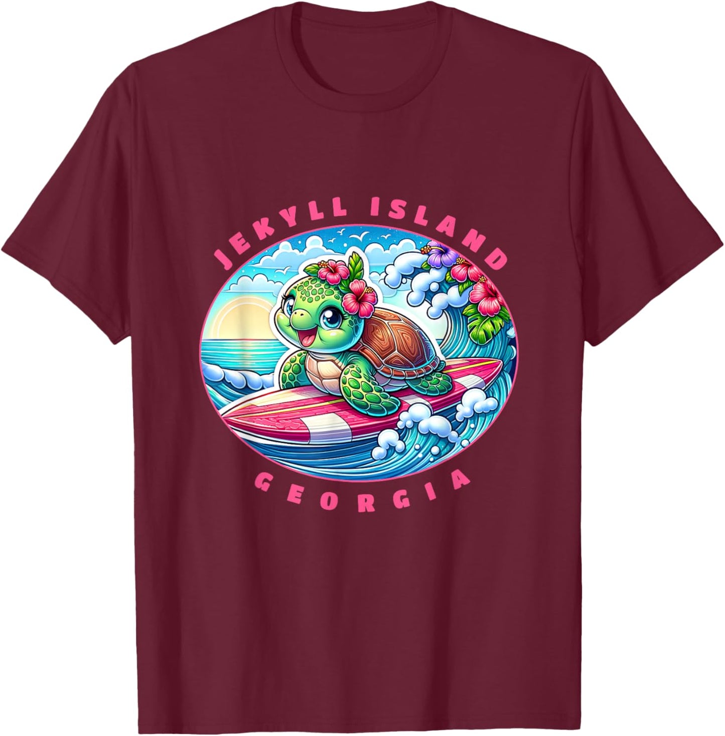 Jekyll Island Georgia Girls Cute Surfing Sea Turtle T-Shirt - T-Shirt | Maroon