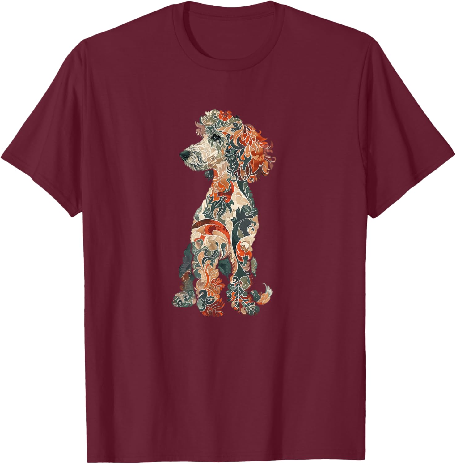 & Girls Multicolored Cute Folk Art Poodle Lover T-Shirt - T-Shirt | Maroon
