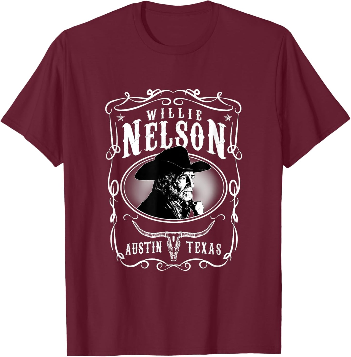 Willie Nelson -Adult Black Cotton , Small, Short Sleeve, , Classic Fit T-Shirt - T-Shirt | Maroon