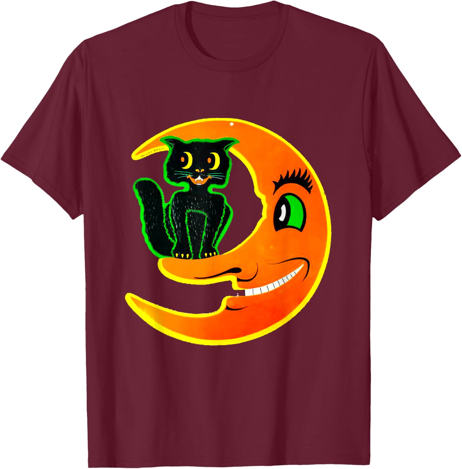 Vintage Halloween Beistle Cat on the Moon Horror Gift T-Shirt - T-Shirt | Maroon