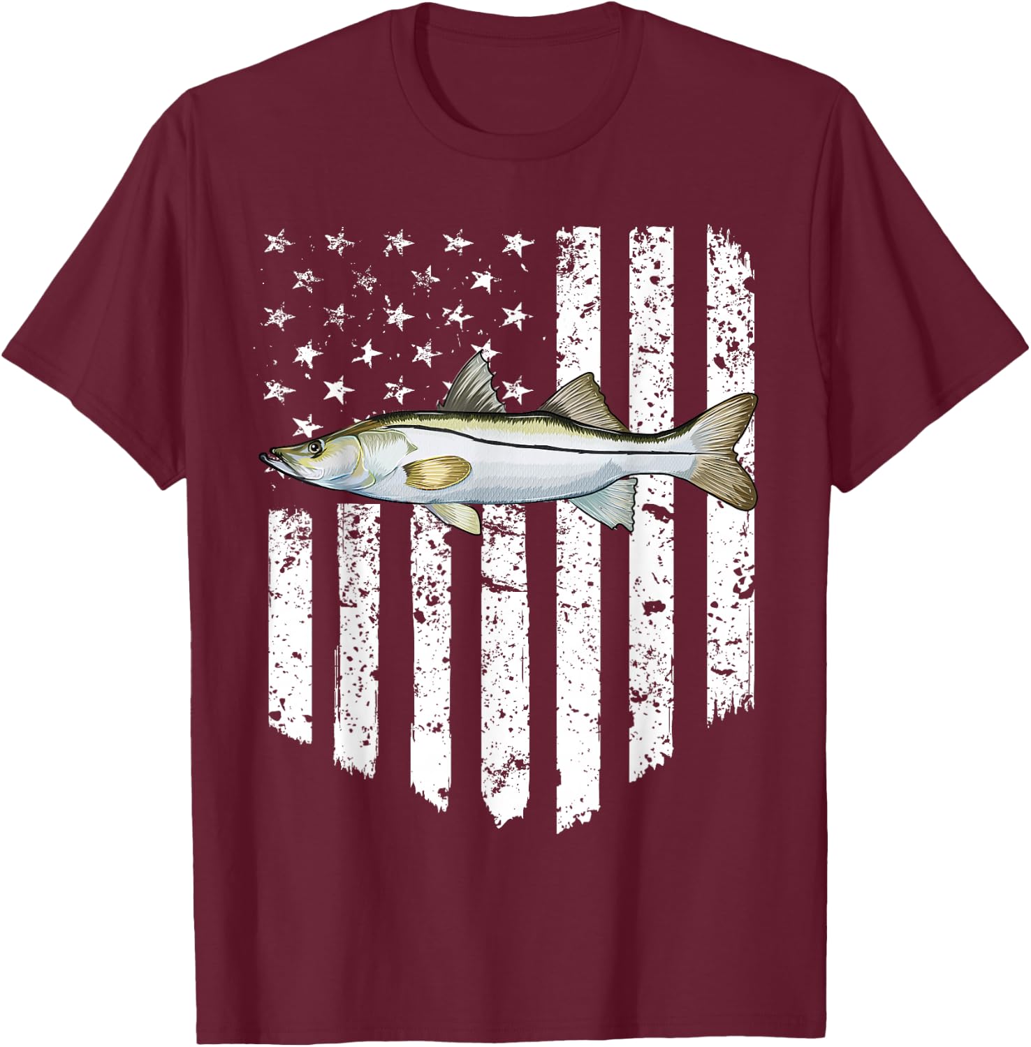 Black White American Flag Snook 4th Of July Fish T-Shirt - T-Shirt | Maroon