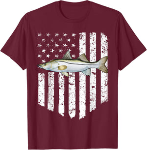 Black White American Flag Snook 4th Of July Fish T-Shirt - T-Shirt | Maroon