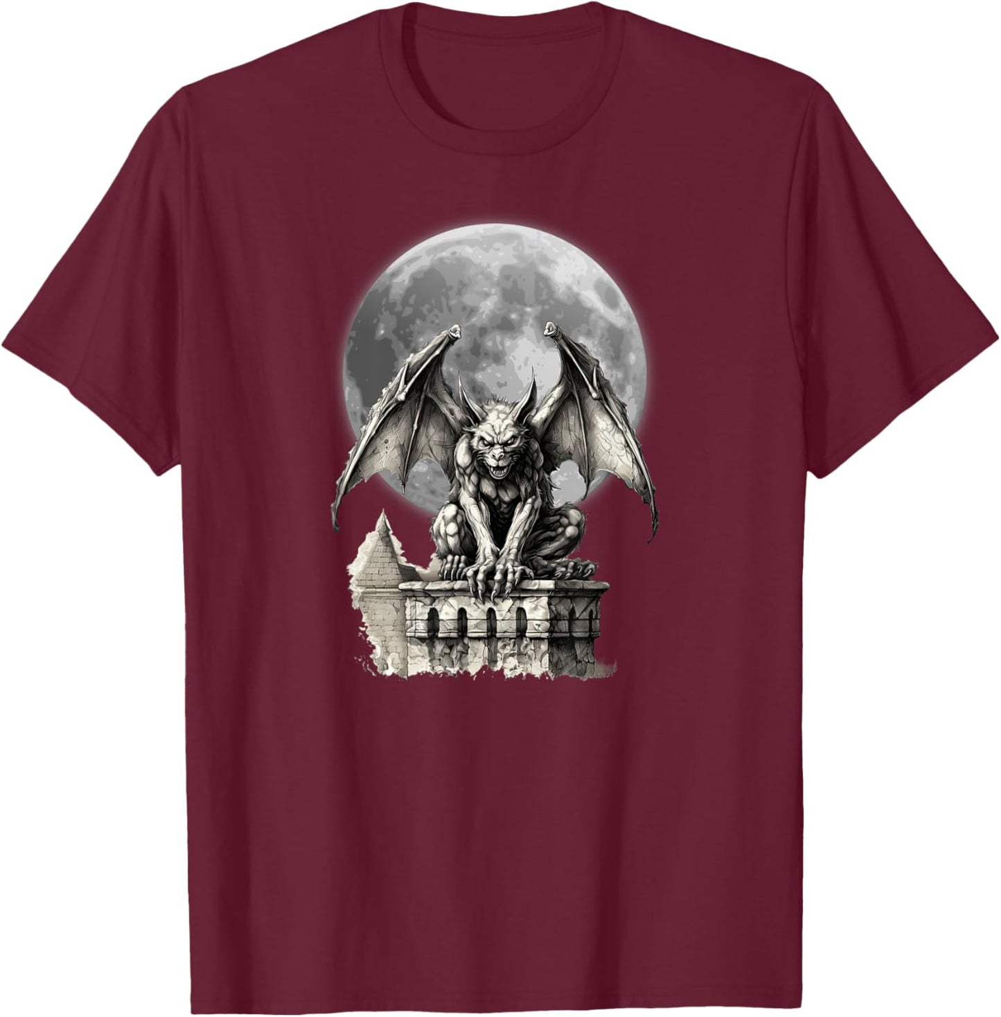 Gargoyle Full Moon Gothic Architecture Goth Dark Aesthetic T-Shirt - T-Shirt | Maroon