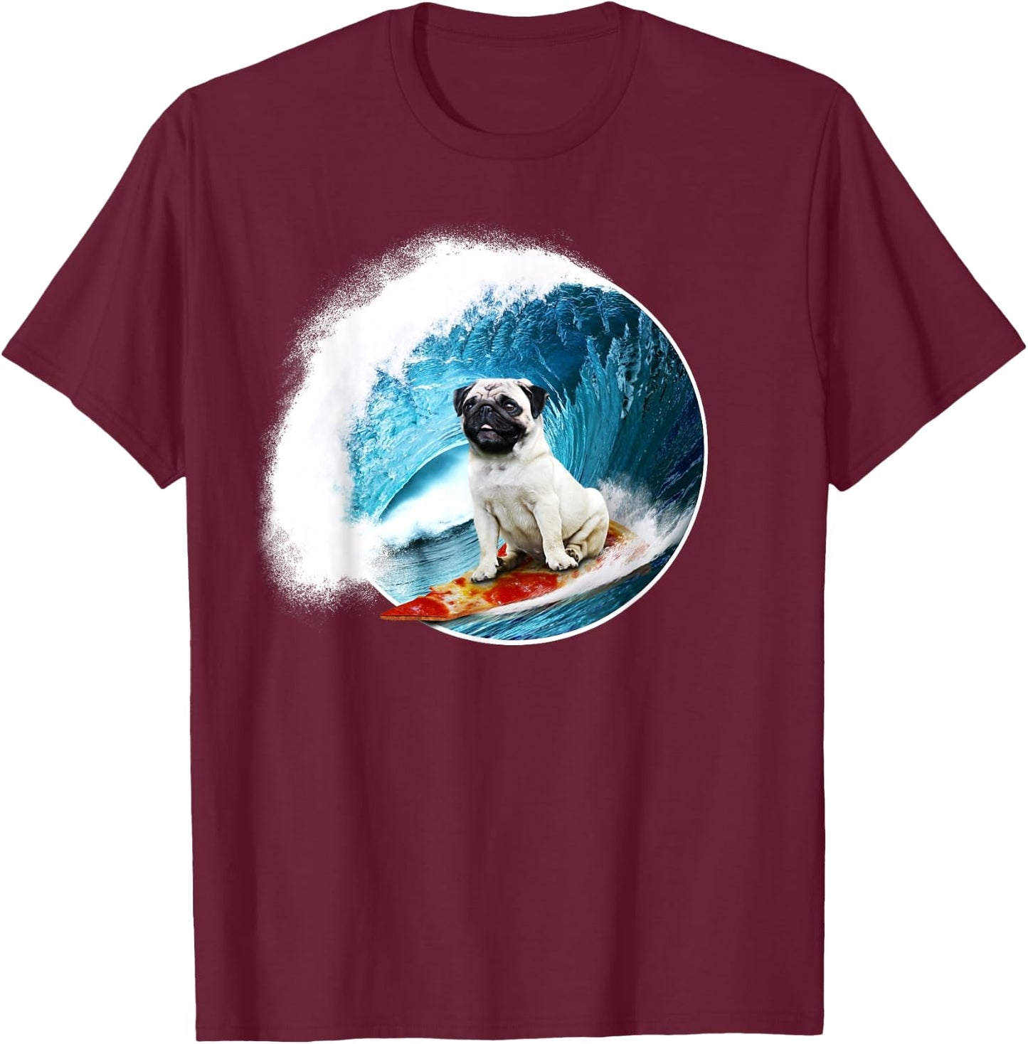 Funny Pug - Surfing Pug riding a ocean Wave on a Pizza T-Shirt - T-Shirt | Maroon