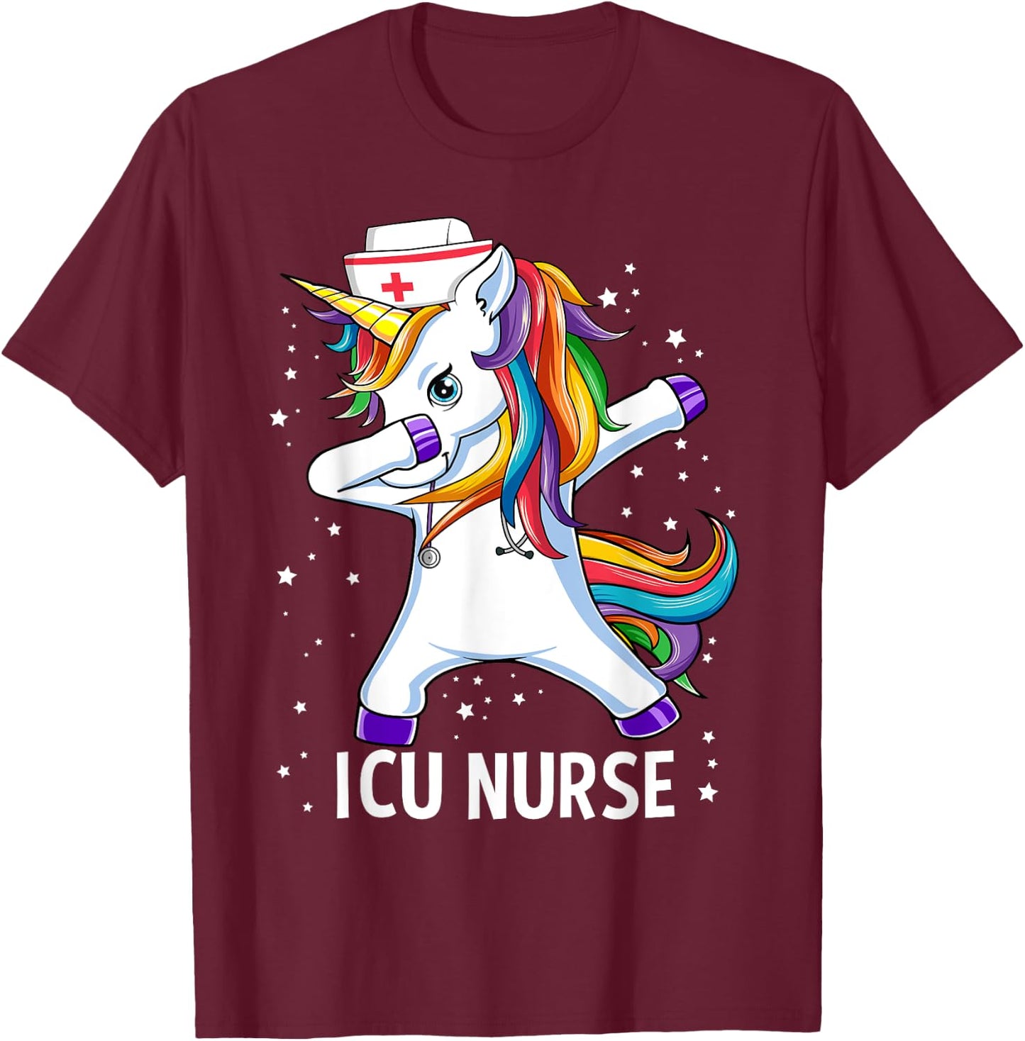 Dabbing Unicorn Funny ICU Nurse T-Shirt - T-Shirt | Maroon