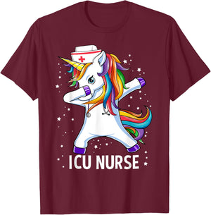 Dabbing Unicorn Funny ICU Nurse T-Shirt - T-Shirt | Maroon