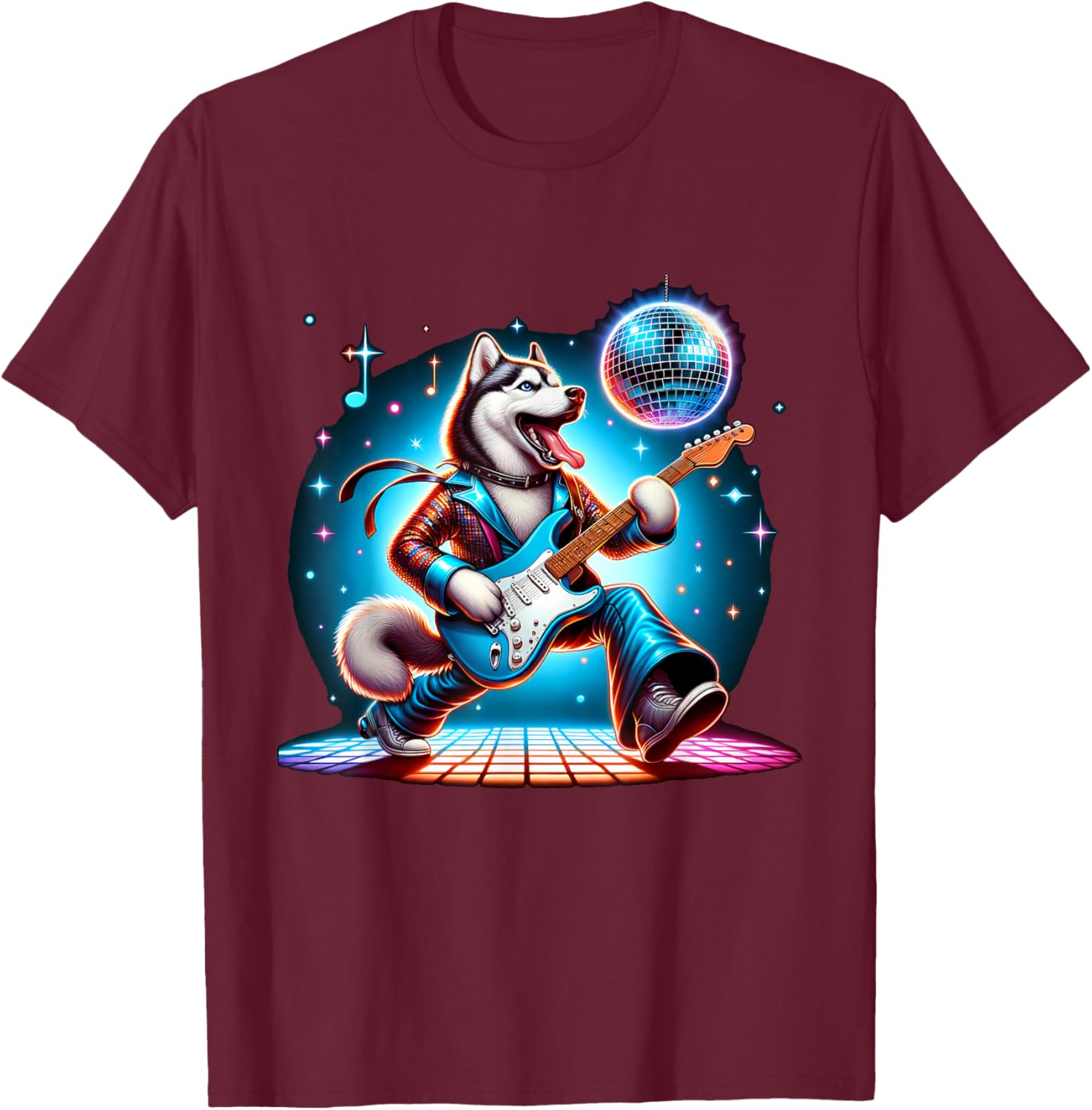 Disco Ball Guitar Husky Dog Men Women Kids T-Shirt - T-Shirt | Maroon