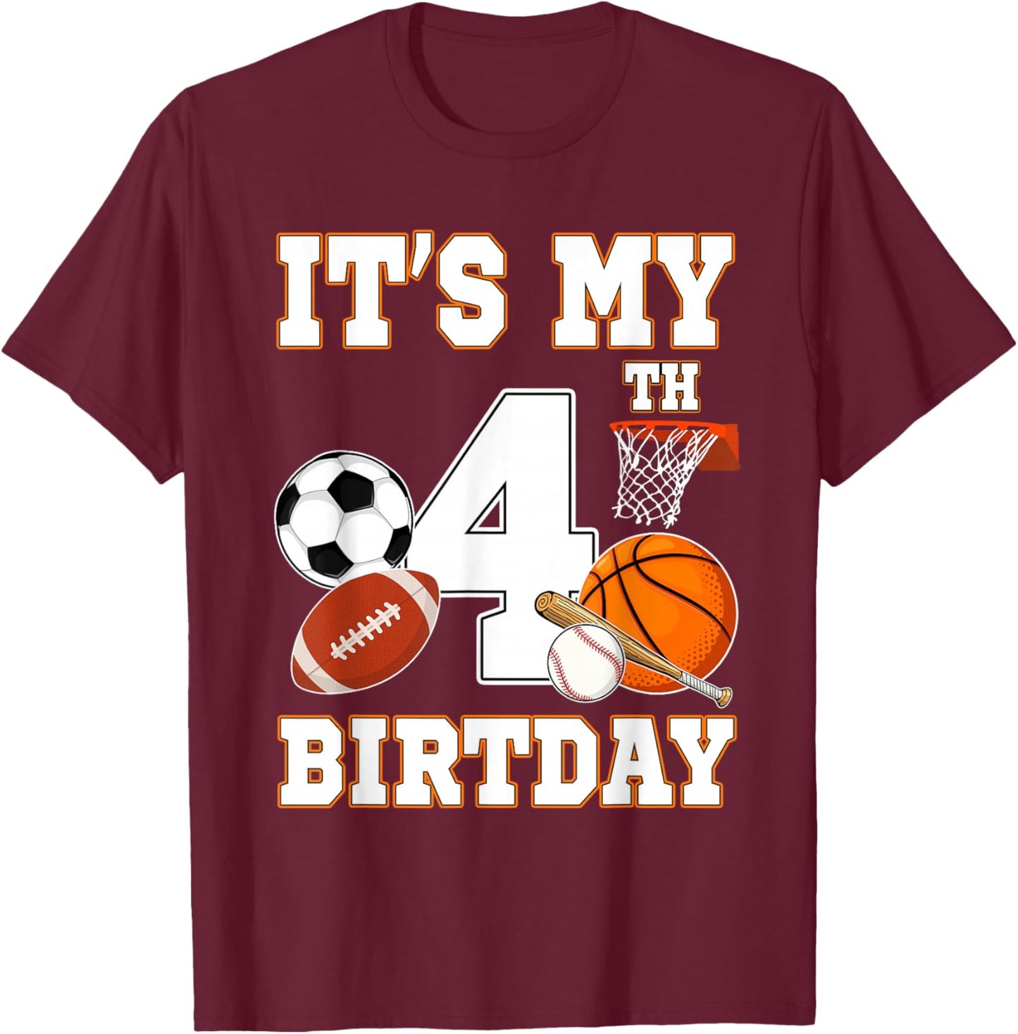 It's my 4th Birthday Sport Balls 4 Year Old Kids Party T-Shirt - T-Shirt | Maroon