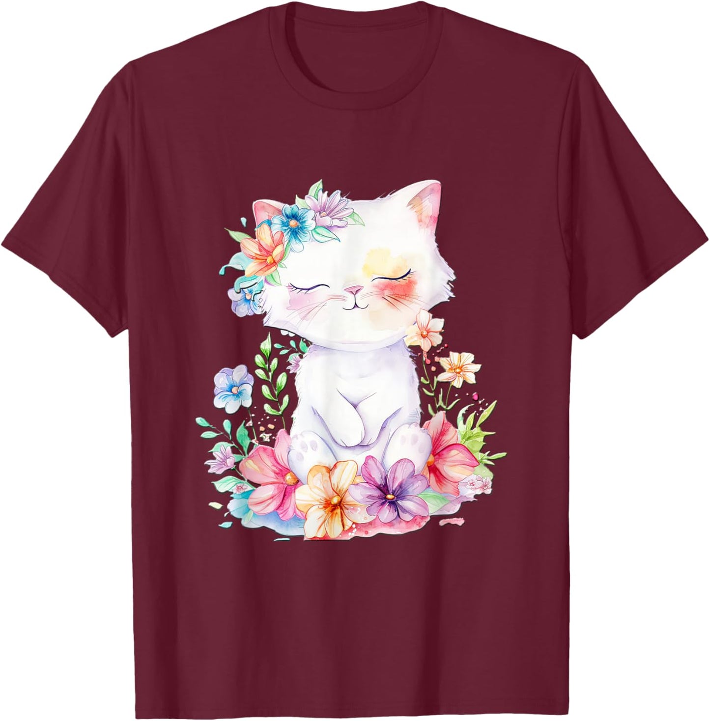 Cat with Flowers Cute Cats Forest Kitten Animal Daughter T-Shirt - T-Shirt | Maroon