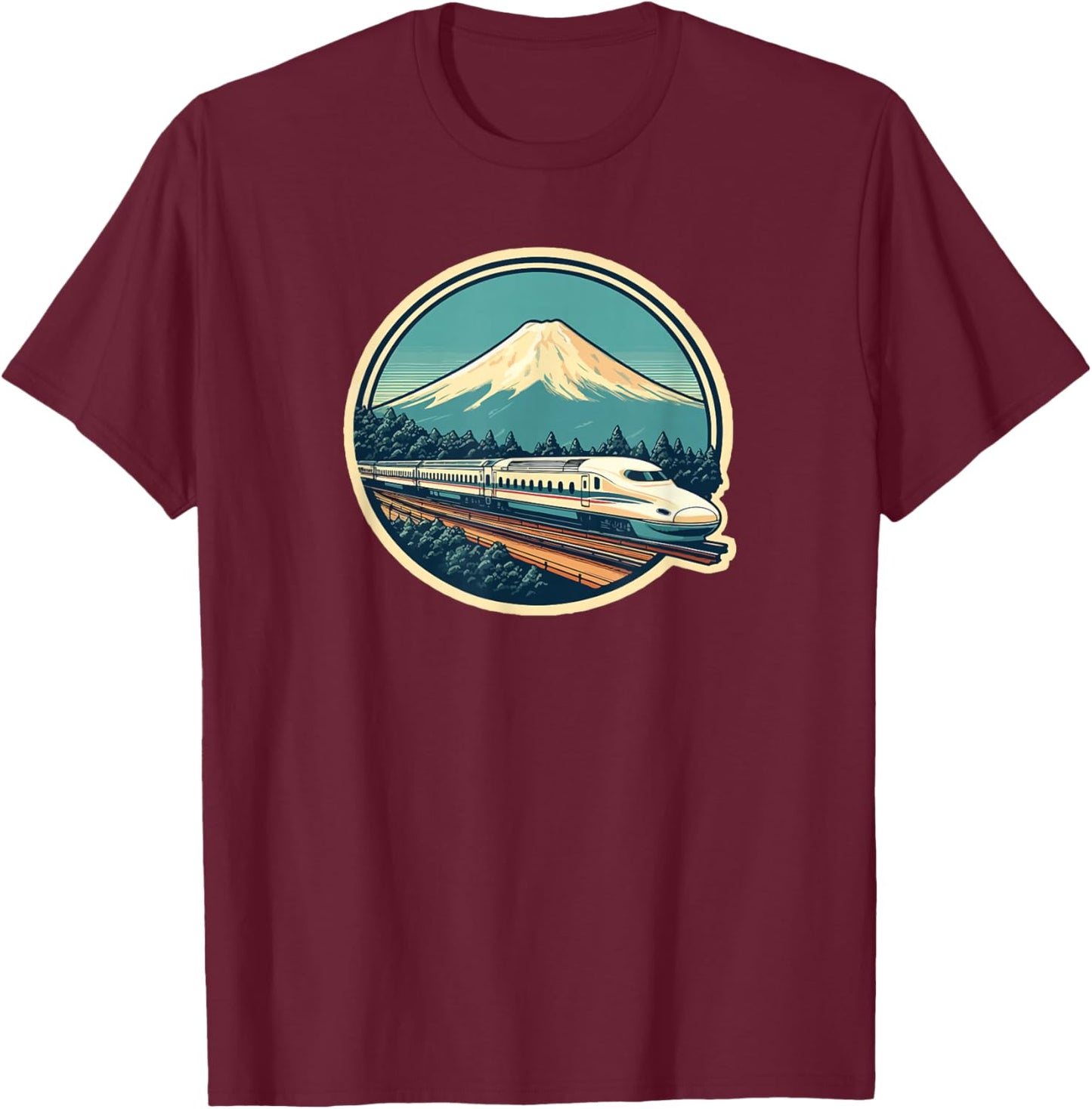 Bullet Train Mount Fuji Japanese Souvenir Shinkansen Train T-Shirt - T-Shirt | Maroon