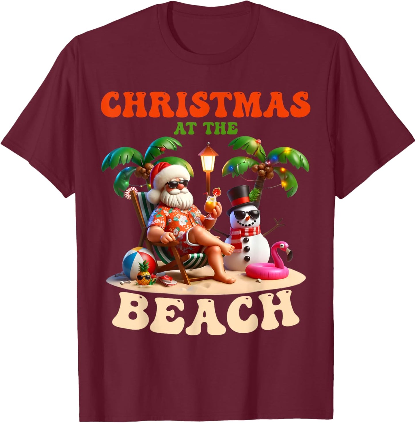 Christmas At The Beach Xmas In July Snowman Flamingo Summer T-Shirt - T-Shirt | Maroon