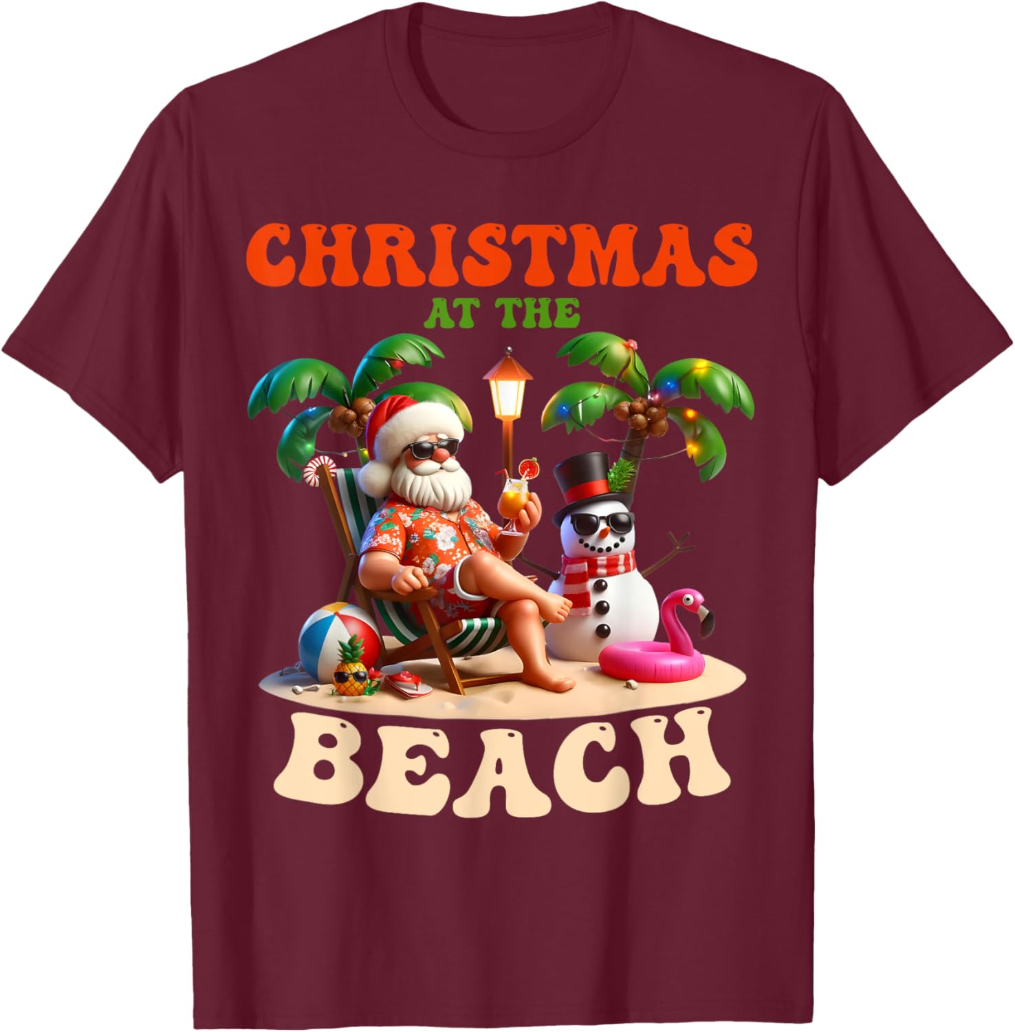 Christmas At The Beach Xmas In July Snowman Flamingo Summer T-Shirt - T-Shirt | Maroon