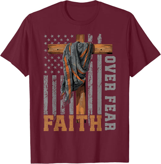 Faith Over Fear Christian Shirt USA Flag Patriotic American T-Shirt - T-Shirt | Maroon