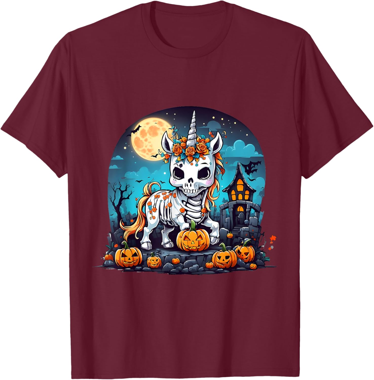 Cute Halloween Skeleton Unicorn Girls Women Witchy Halloween T-Shirt - T-Shirt | Maroon