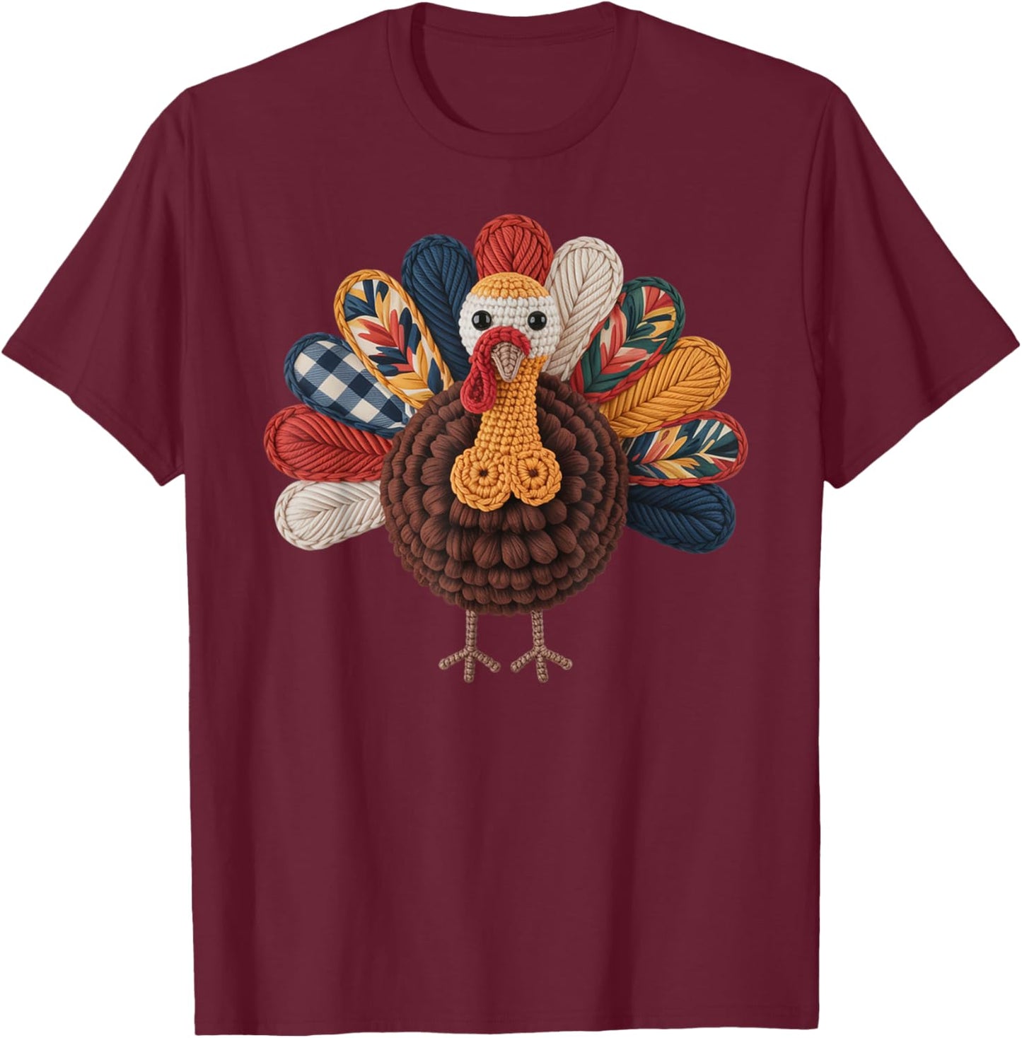 Crochet Turkey Thanksgiving Fall Cute Family Holiday Yarn T-Shirt - T-Shirt | Maroon