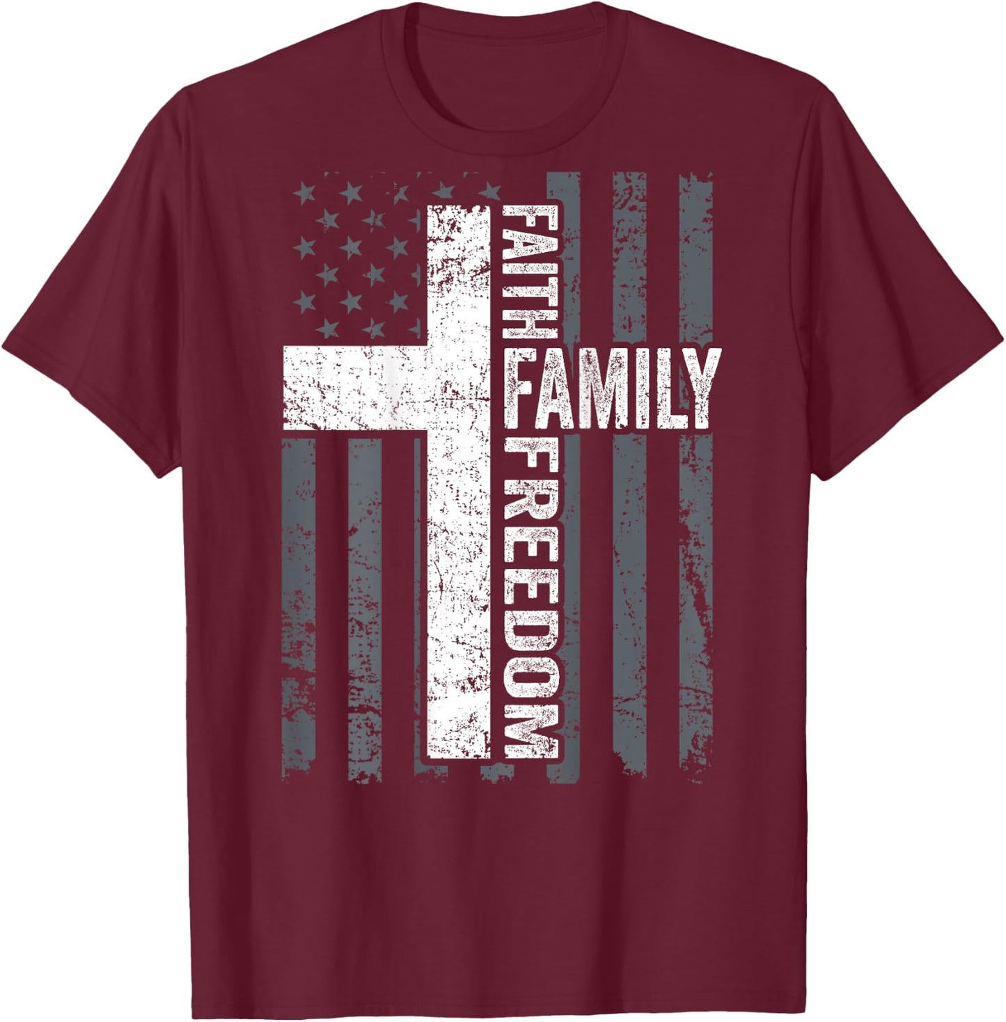 Faith Family & Freedom - Christian USA Cross Flag -ON Back T-Shirt - T-Shirt | Maroon