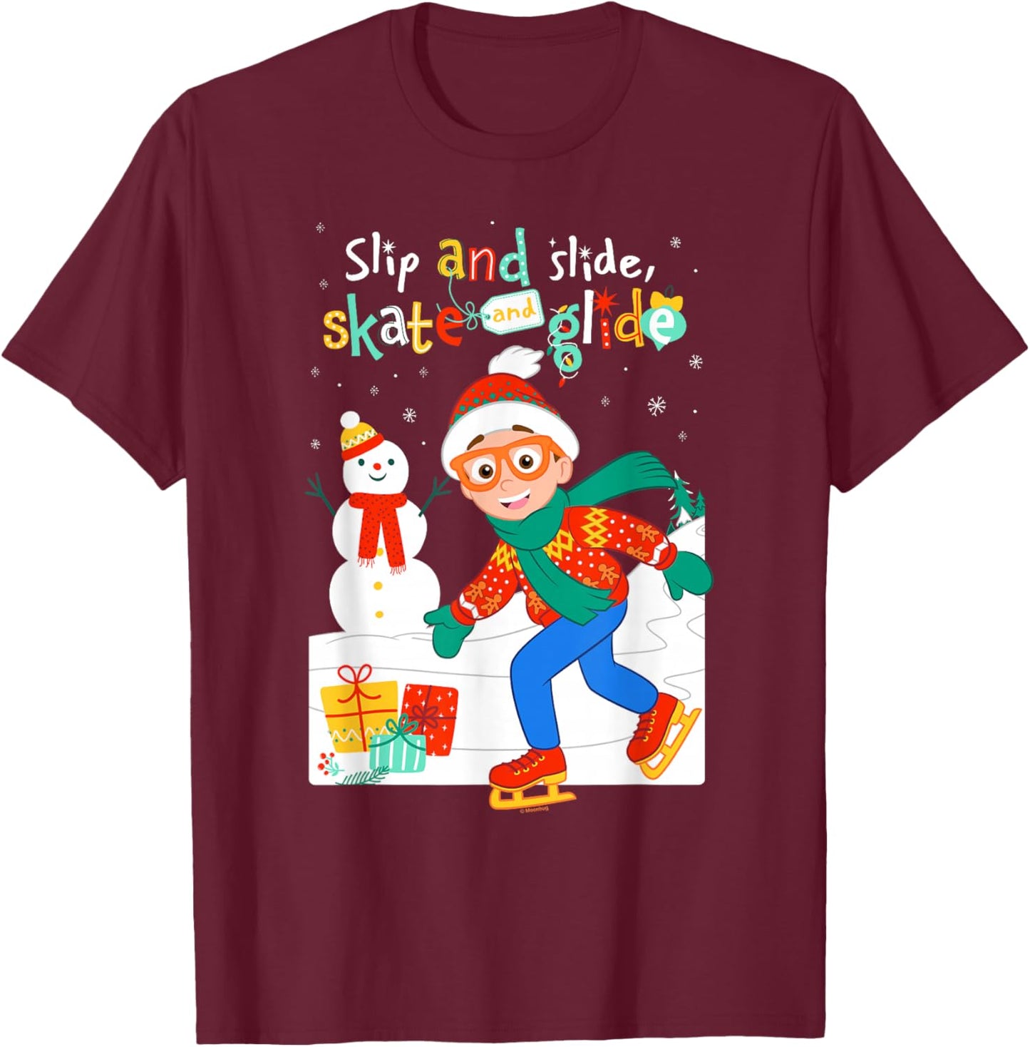 Blippi Christmas Slip Slide Skate Glide T-Shirt - T-Shirt | Maroon