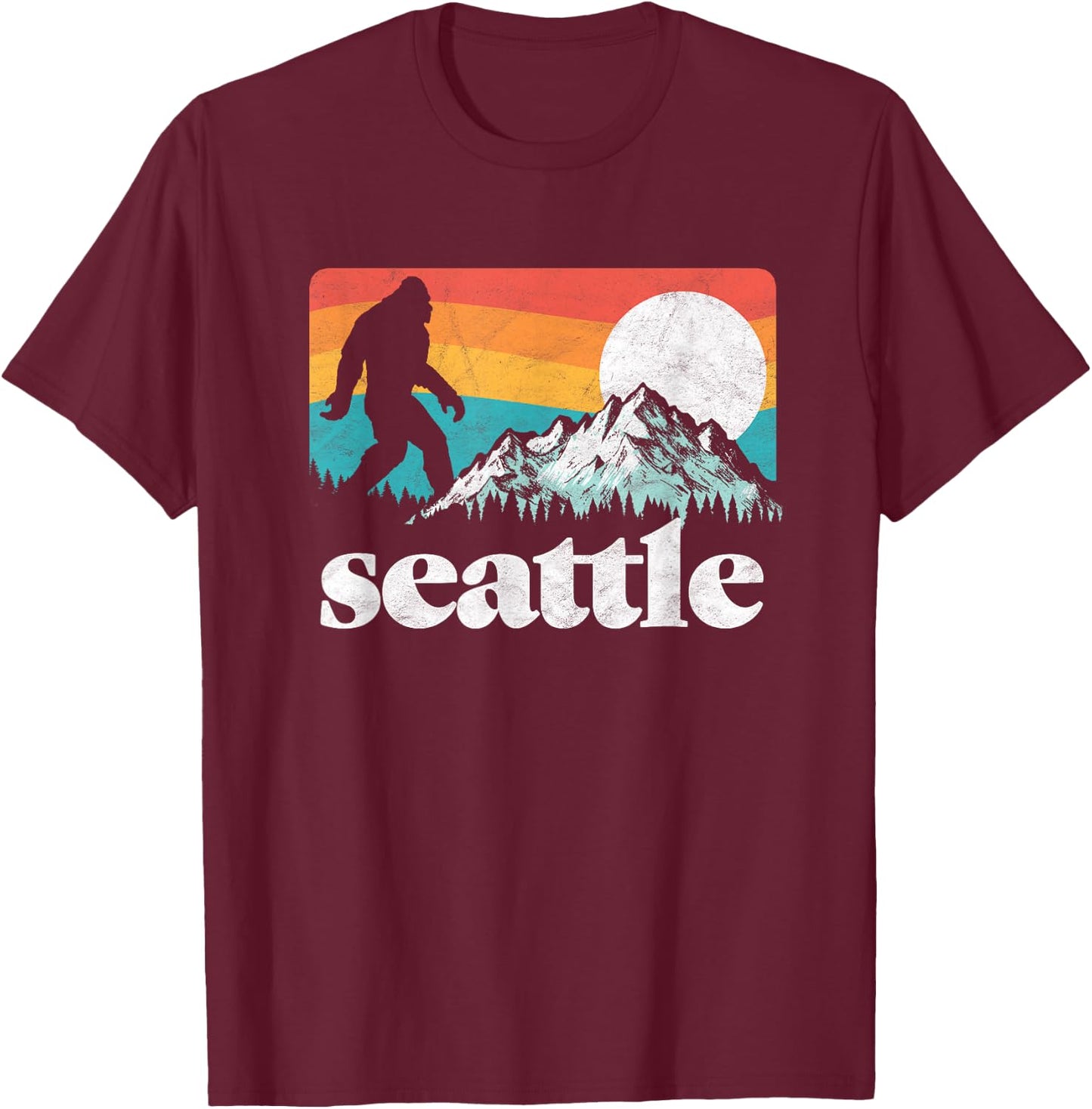 Seattle Washington Bigfoot Mountains 80's Graphic T-Shirt - T-Shirt | Maroon