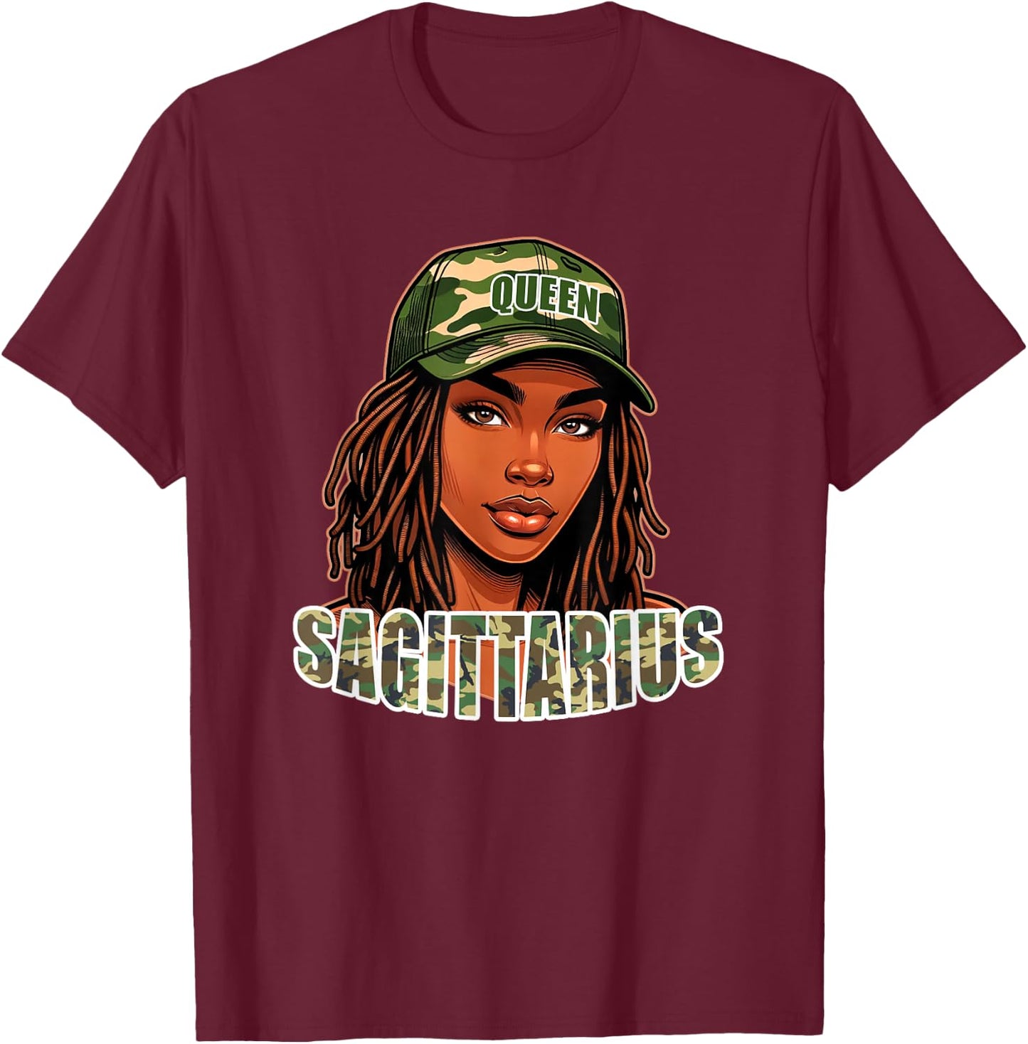 Sagittarius Queen Camo Hat Locs Birthday Black Woman T-Shirt - T-Shirt | Maroon