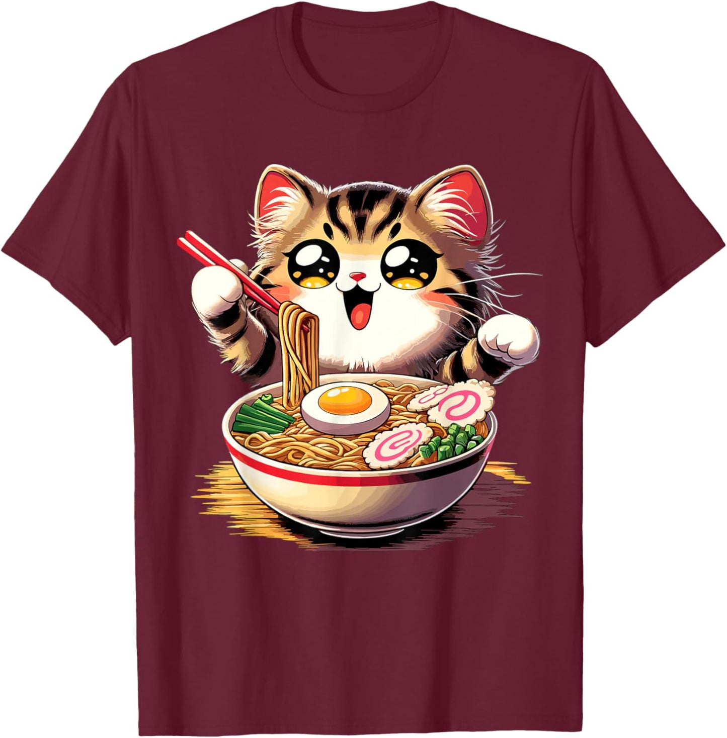 Cat Ramen Noodles Anime Kawaii Japanese Cat T-Shirt - T-Shirt | Maroon