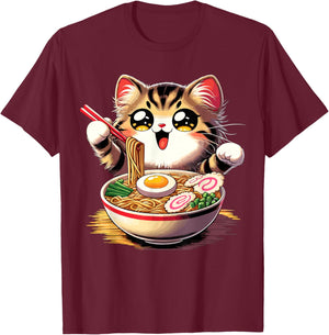 Cat Ramen Noodles Anime Kawaii Japanese Cat T-Shirt - T-Shirt | Maroon