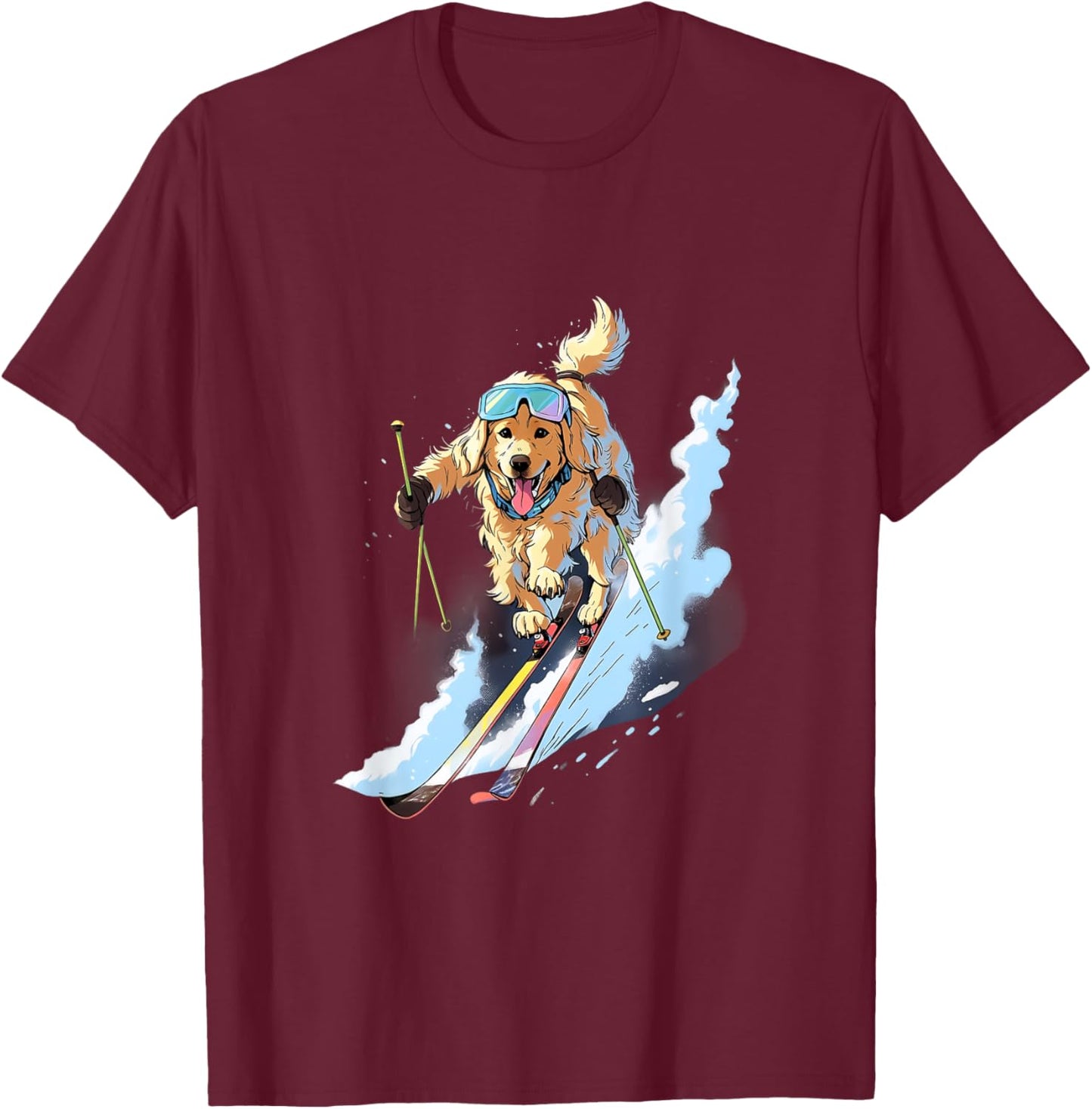 Golden Retriever Skiing Dog Skier Ski Winter Snow T-Shirt - T-Shirt | Maroon