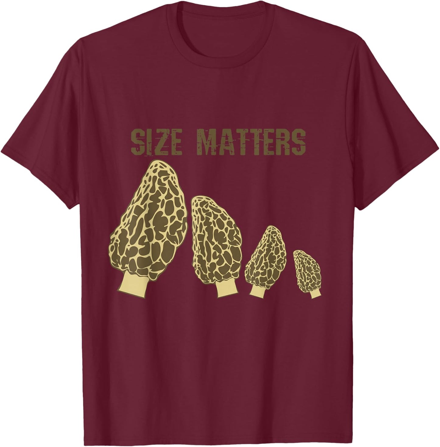 Size Matters Morel Mushroom - Black, , Short Sleeve, Modern Style, Letter Print, , Small T-Shirt - T-Shirt | Maroon
