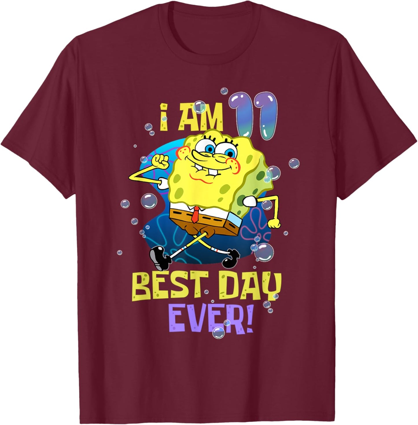Spongebob I Am 11 Best Day Ever 11th Birthday Kids Spongebob T-Shirt - T-Shirt | Maroon