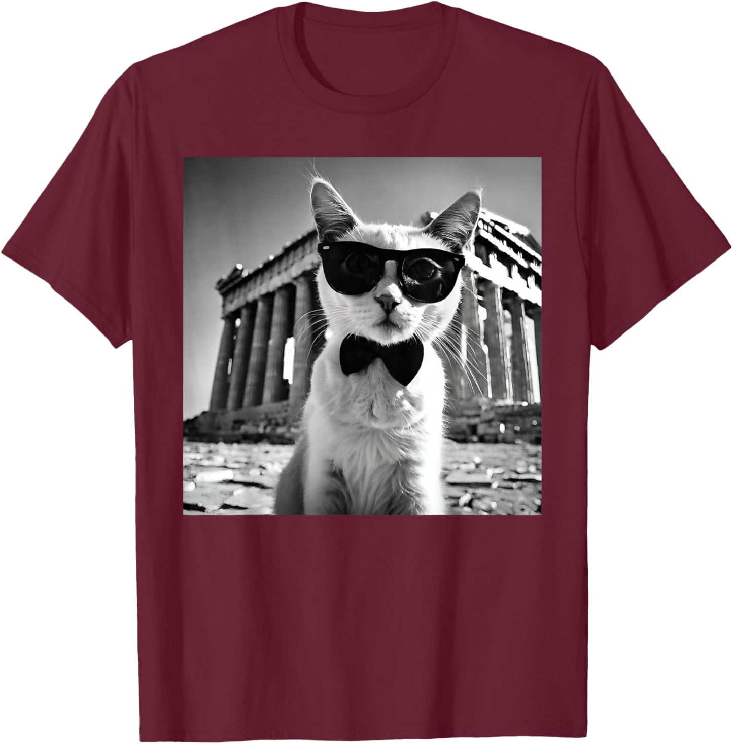 Funny Cat Wearing Sunglasses At The Parthenon Greece T-Shirt - T-Shirt | Maroon