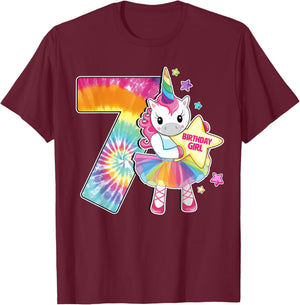 7th Birthday Unicorn Shirt Gift Girls Age 7 Tie Dye T-Shirt - T-Shirt | Maroon
