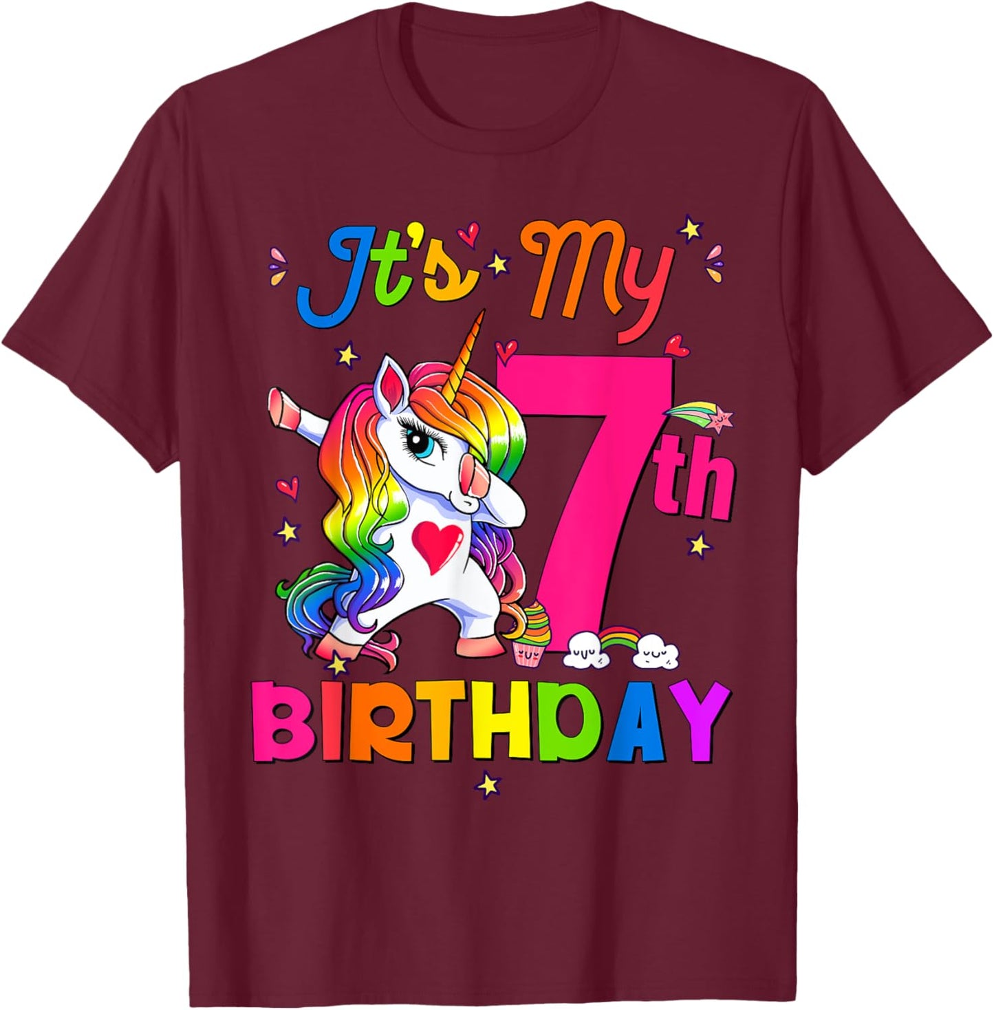 7 Years Old Unicorn It's My 7th Birthday Girl Party T-Shirt - T-Shirt | Maroon