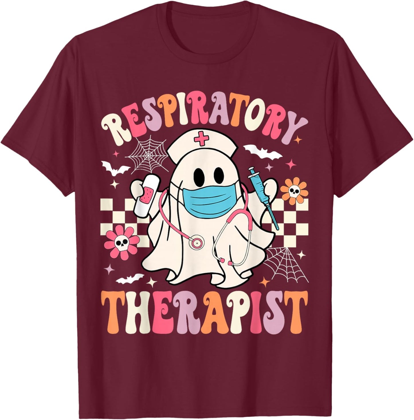 Groovy Spooky Respiratory Therapist Halloween RT Nurse T-Shirt - T-Shirt | Maroon