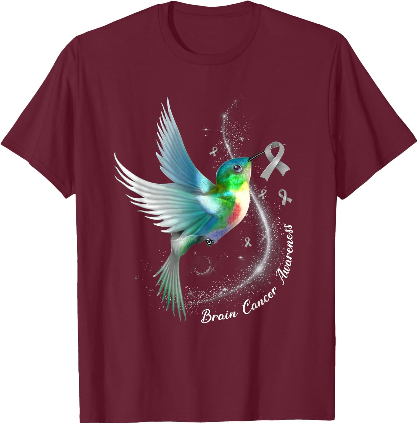 Grey Ribbon Hummingbird Brain Cancer Awareness Month T-Shirt - T-Shirt | Maroon