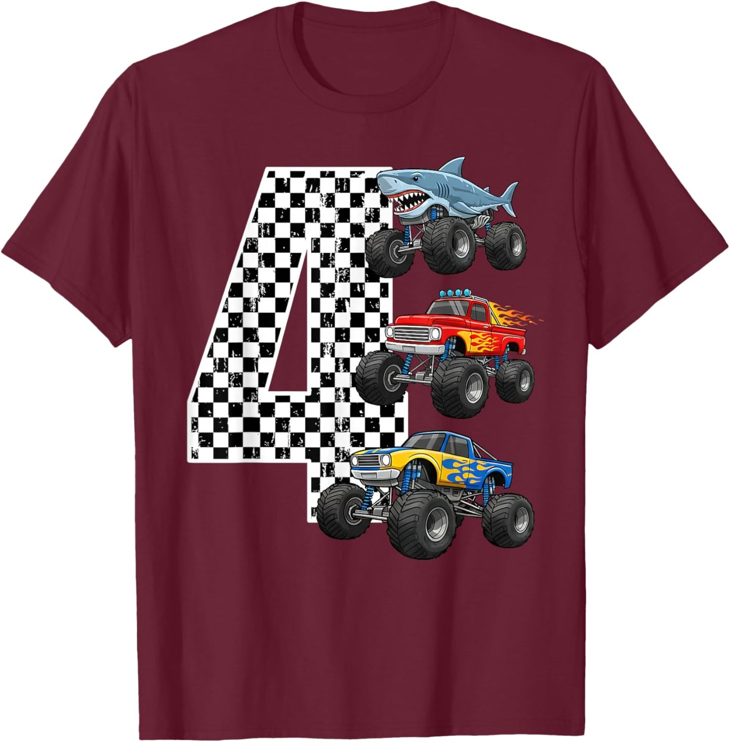 Birthday Monster Truck 4 Year Old Boys 4th Party T-Shirt - T-Shirt | Maroon